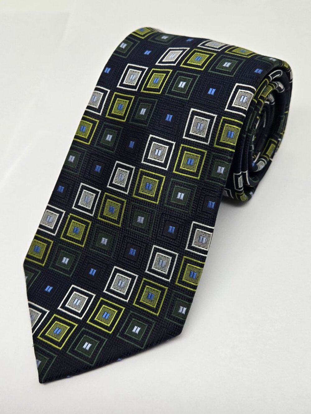Croft & Borrow 100% Polyester Geometric Squares Mens Tie, Blue, Green, Silver